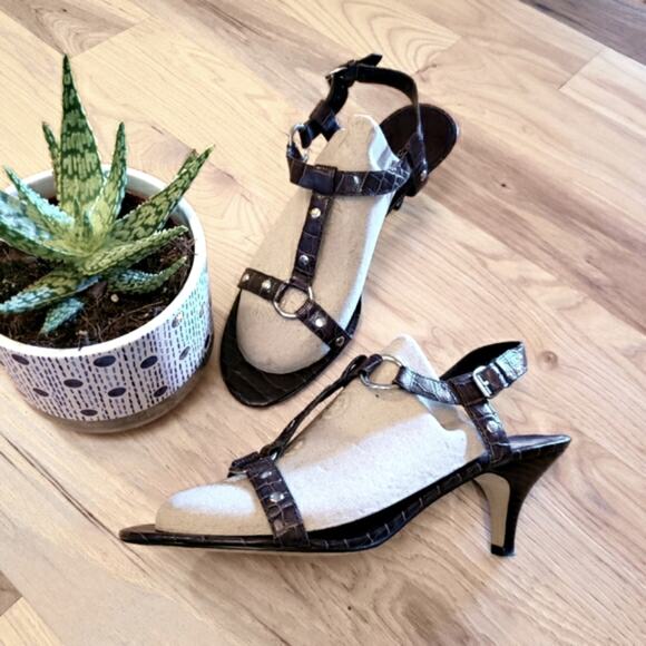 Leather Crocodile Embossed Dress Shoes Size 10 Gladiator Harness Strappy Heels - Picture 2 of 14